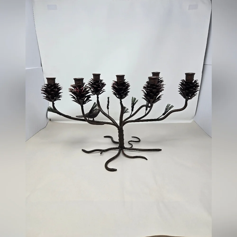 Vintage Metal Candleabra Pinecone Metal Pine Needles Bird Holiday Table Decor